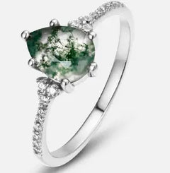 S925 Silver Ring with Green Moss Agate Design