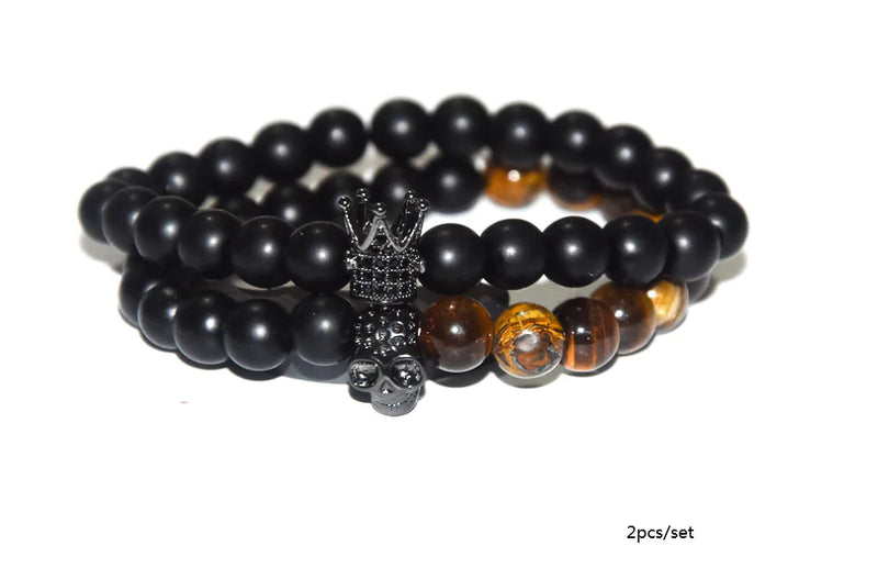 Tiger Eye Stone Bracelet with Skull and Crown Design