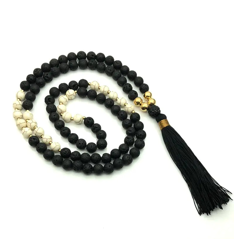 Volcanic Stone 108 Bead Tassel Necklace