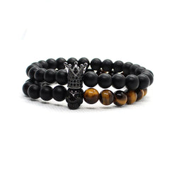 Tiger Eye Stone Bracelet with Skull and Crown Design