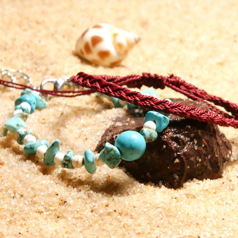 Turquoise Beaded Cotton Rope Anklet for Women