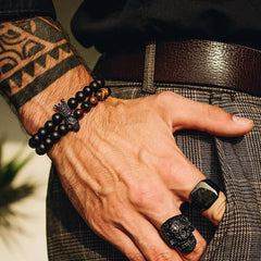 Tiger Eye Stone Bracelet with Skull and Crown Design