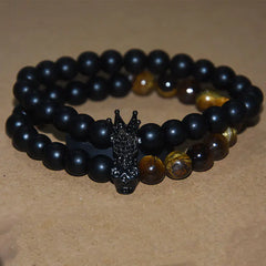 Tiger Eye Stone Bracelet with Skull and Crown Design