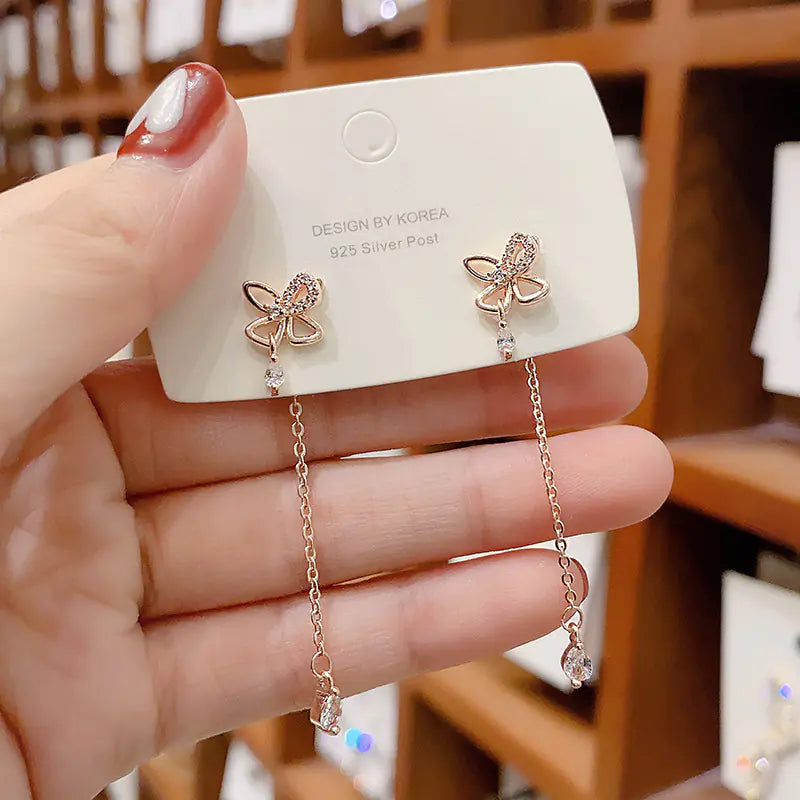 Retro Long Tassel Earrings with Diamond Bow for Women