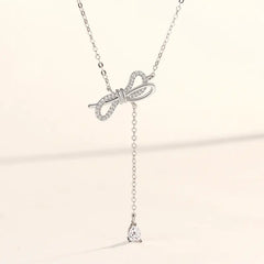 S925 Silver Bow Necklace with Diamond Accents for Women