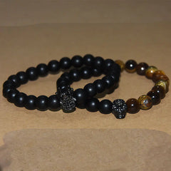 Tiger Eye Stone Bracelet with Skull and Crown Design