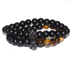 Tiger Eye Stone Bracelet with Skull and Crown Design
