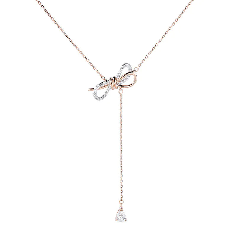 S925 Silver Bow Necklace with Diamond Accents for Women