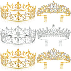Juexica 6 Pieces Prom King Crown Metal Baroque King and Queen Prince Princess Crystal Headband Tiara Crown Wedding Bridal Accessories for Women Men(Gold Silver Elegant Style)