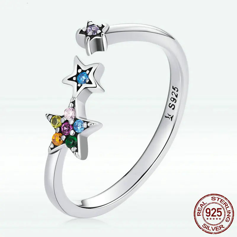 S925 Sterling Silver Star Open Ring with Colored Zircon