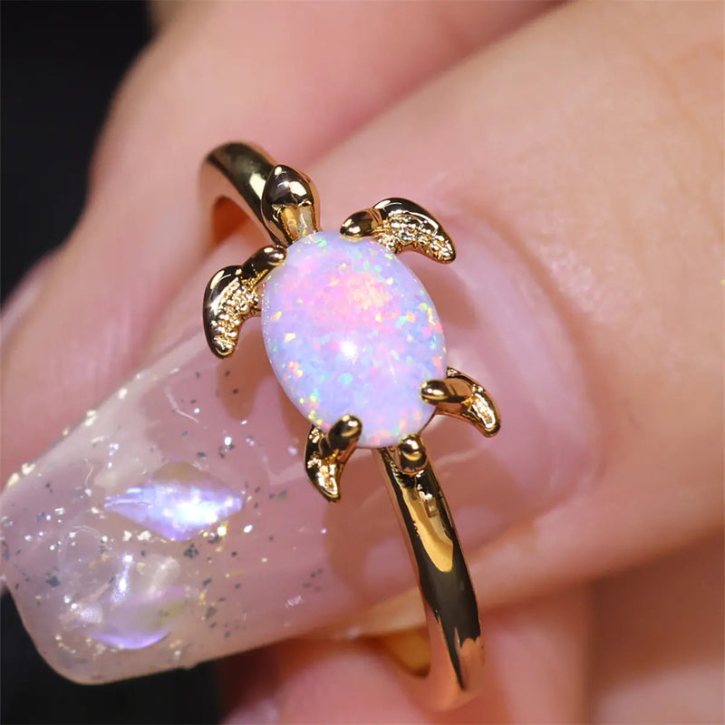 Round White Opal Turtle Ring