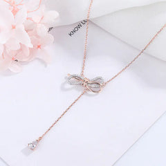 S925 Silver Bow Necklace with Diamond Accents for Women